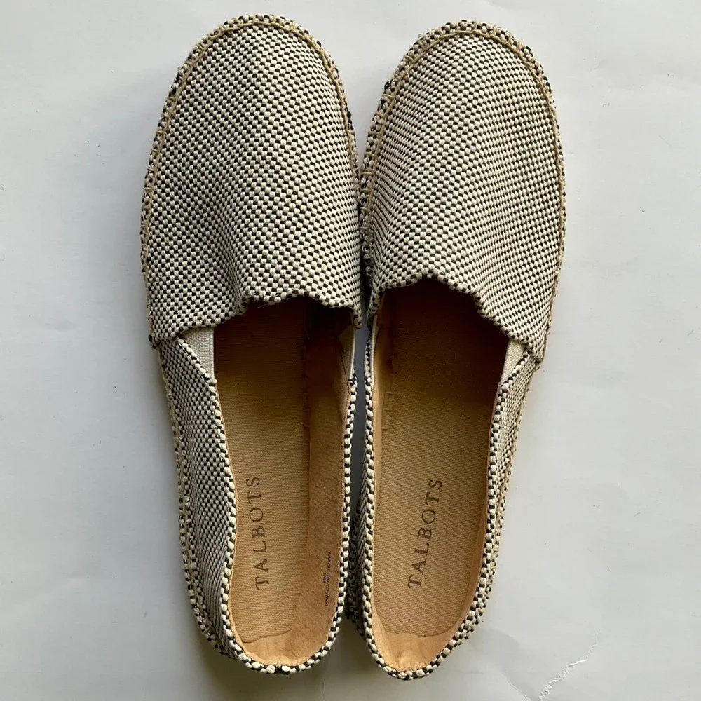 Talbots Black White Woven Espadrille Flats Shoes Sz 9M Slip On Jute Gingham NWOT